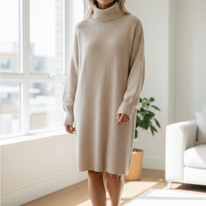 Babaton Aritzia Ribbed Turtleneck Sweater Dress Beige Oversized Small